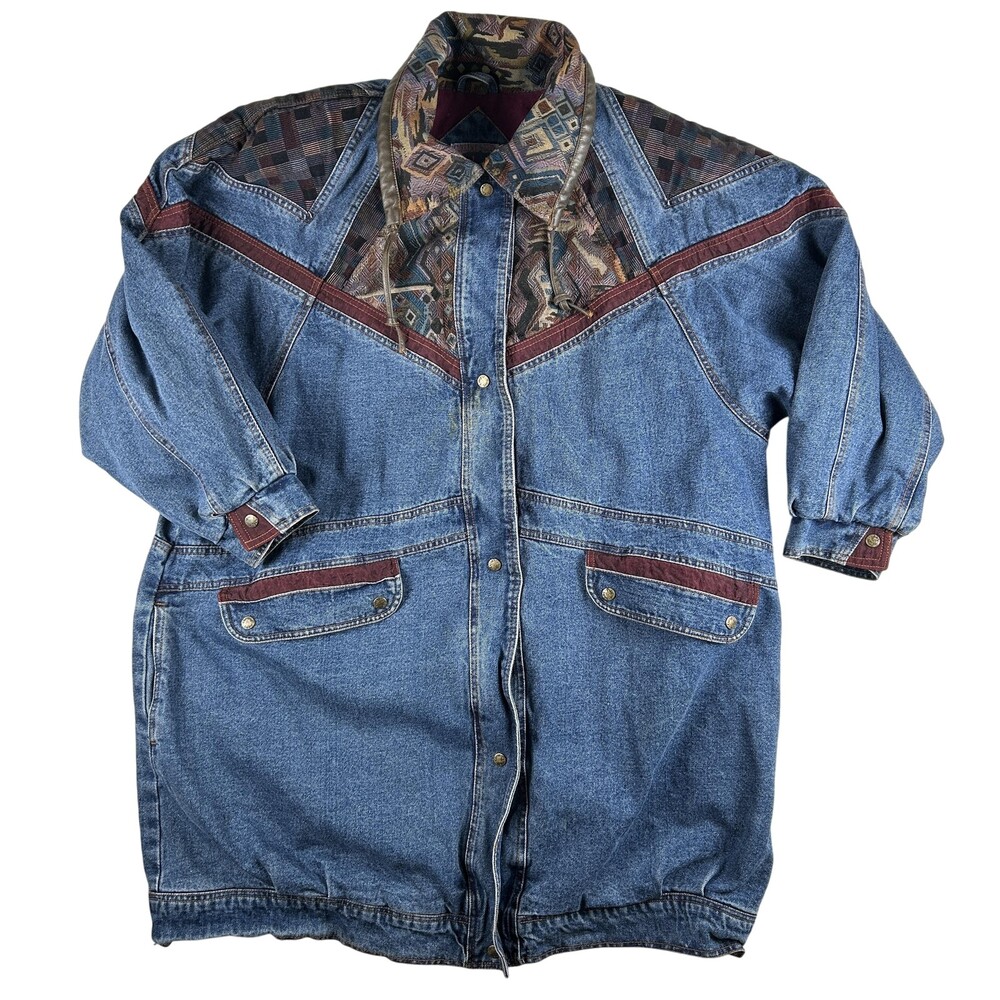 Vtg Current Seen Coat Womens 2X Long Denim Western Jacket Aztec Geometric 80s